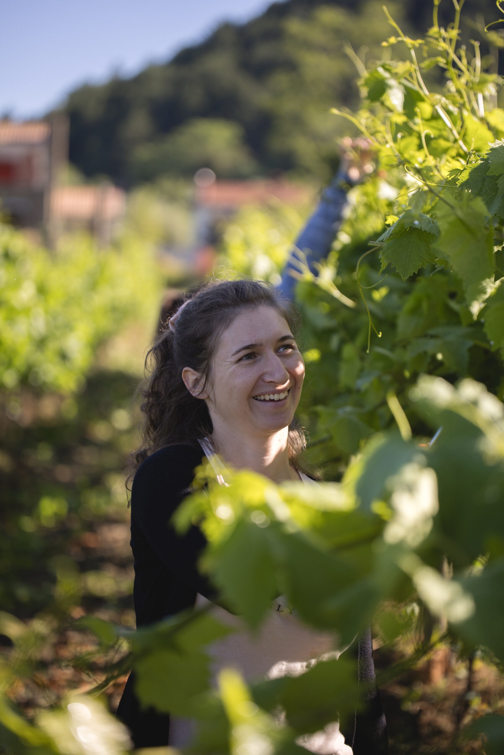 Amanda Dušić nasmijana stoji u vinogradu i reže grane vinove loze